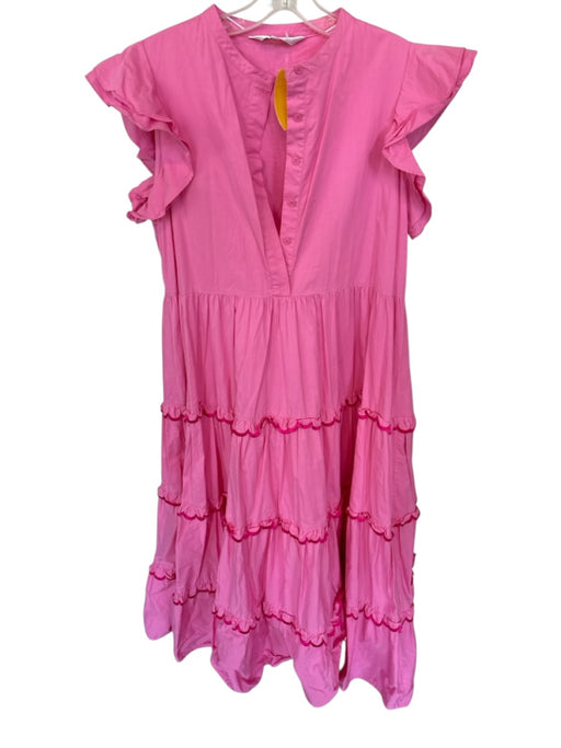 CROSBY by Mollie Burch Size L Pink Cotton Buttons V Neck Ruffle Maxi Dress Pink / L