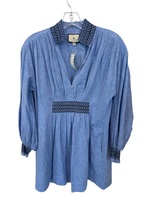 Tuckernuck Size M Cornflower Blue Cotton & Linen Long Sleeve Buttons Mini Dress Cornflower Blue / M