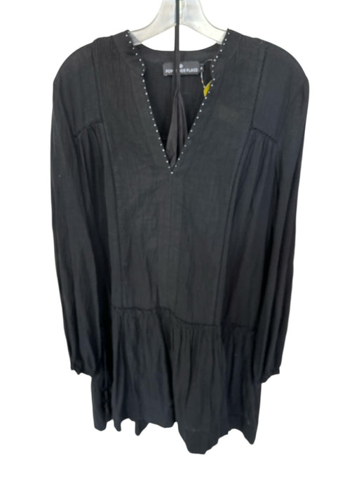 Pomander Place Size M Black Cotton V Neck Bead Detail Long Sleeve Mini Dress Black / M