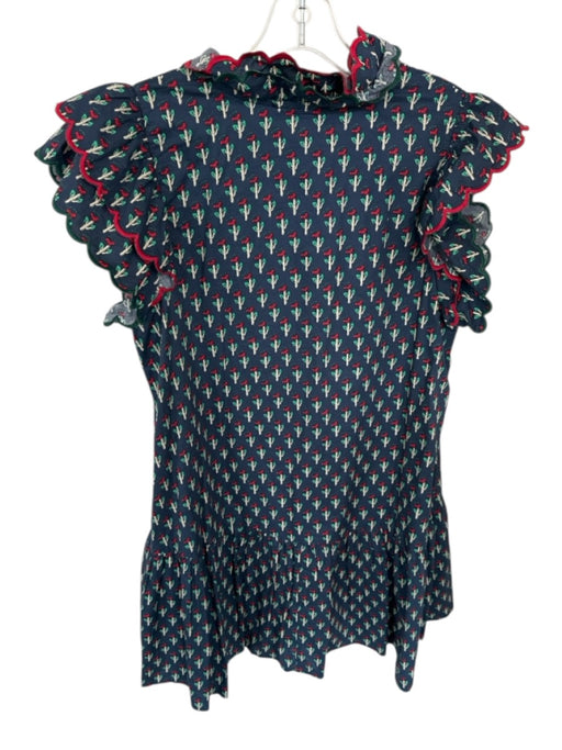 Entro Size M Blue & Multi Cotton Floral Scallop Detail Pleated Hem Short Dress Blue & Multi / M