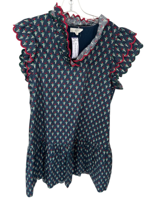 Entro Size M Blue & Multi Cotton Floral Scallop Detail Pleated Hem Short Dress Blue & Multi / M