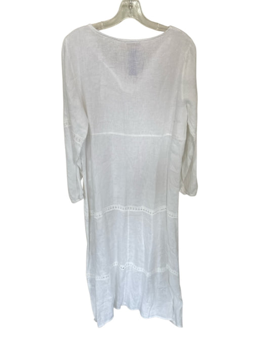Bellambia Size M White Linen crotchet V Neck Long Sleeve Maxi Dress White / M