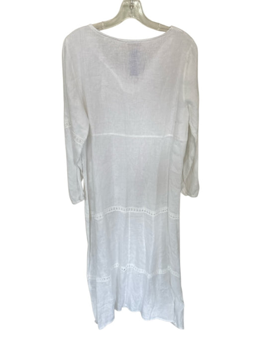 Bellambia Size M White Linen crotchet V Neck Long Sleeve Maxi Dress White / M