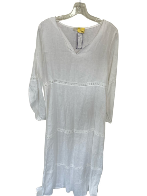 Bellambia Size M White Linen crotchet V Neck Long Sleeve Maxi Dress White / M