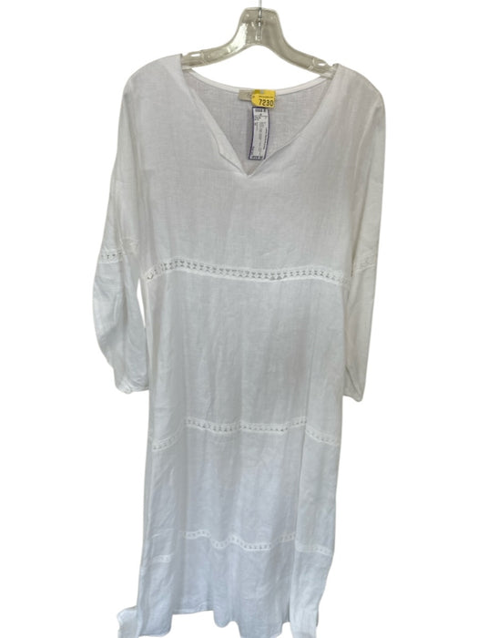 Bellambia Size M White Linen crotchet V Neck Long Sleeve Maxi Dress White / M