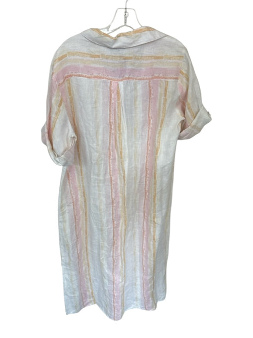 Charlie Size L White & Pink Linen Striped Collar Buttons Cuff Sleeve Dress White & Pink / L