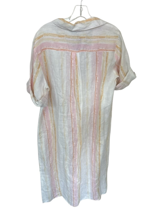 Charlie Size L White & Pink Linen Striped Collar Buttons Cuff Sleeve Dress White & Pink / L