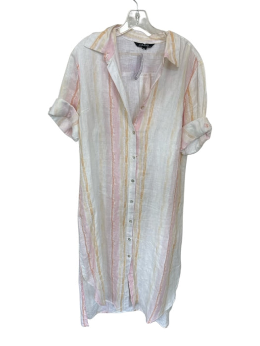Charlie Size L White & Pink Linen Striped Collar Buttons Cuff Sleeve Dress White & Pink / L