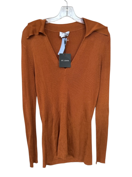 St. John Size XL Rust Rayon Long Sleeve Ribbed Collar V Neck Top Rust / XL