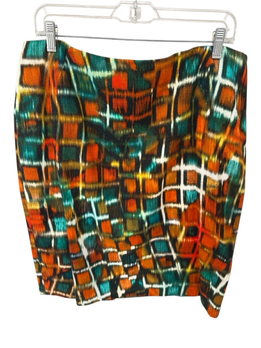 Lafayette 148 Size 14 Green & Orange Cotton Squares blurry Pencil Skirt Green & Orange / 14
