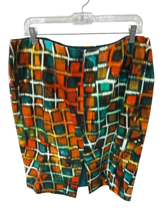 Lafayette 148 Size 14 Green & Orange Cotton Squares blurry Pencil Skirt Green & Orange / 14
