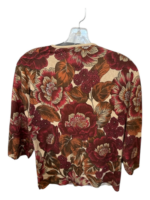 MaxMara Size XL Red & Tan Cashmere V Neck Flowers Long Sleeve Sweater Red & Tan / XL