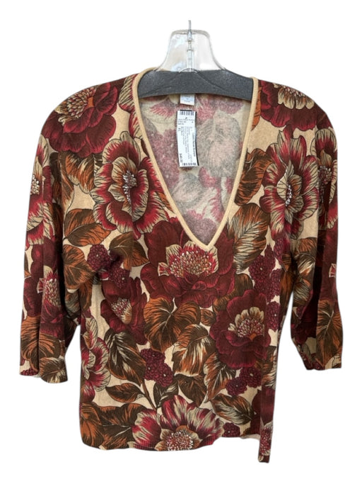 MaxMara Size XL Red & Tan Cashmere V Neck Flowers Long Sleeve Sweater Red & Tan / XL