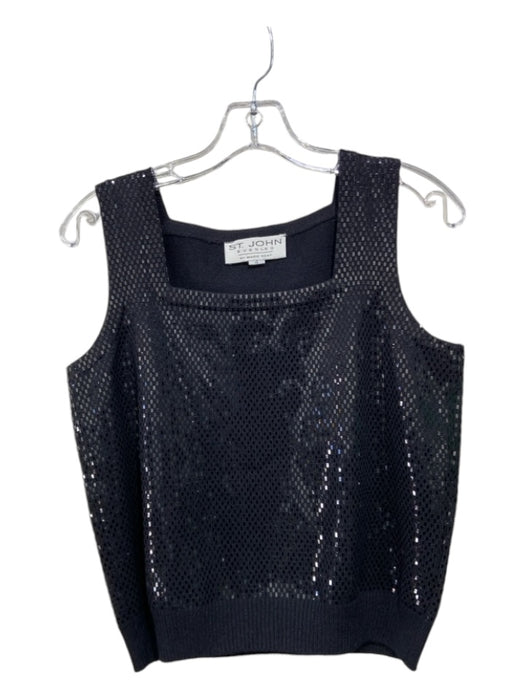 St John Evening Size 4 Black Wool Blend Paillettes Square Neck Sleeveless Top Black / 4