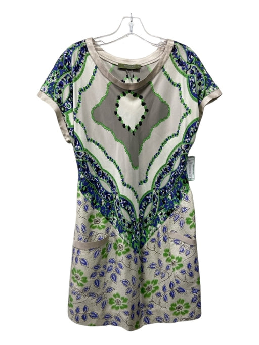 Etro Size 48/S Taupe, Gray & Green Silk Floral Scoop Neck Cap Sleeve Dress Taupe, Gray & Green / 48/S