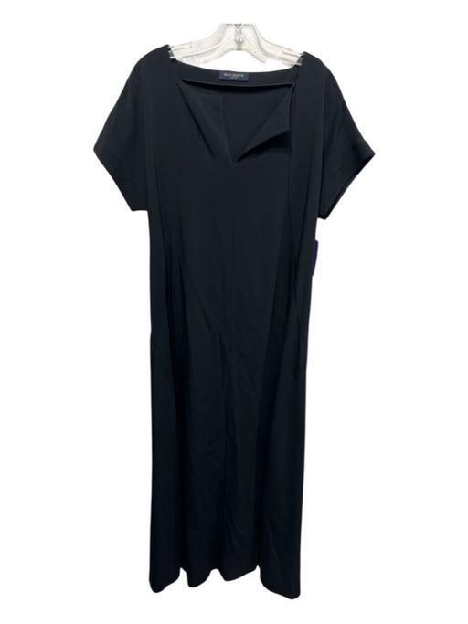 Piazza Sempione Size 44 Black Acetate Blend Short Sleeve Slit V Neck Maxi Dress Black / 44