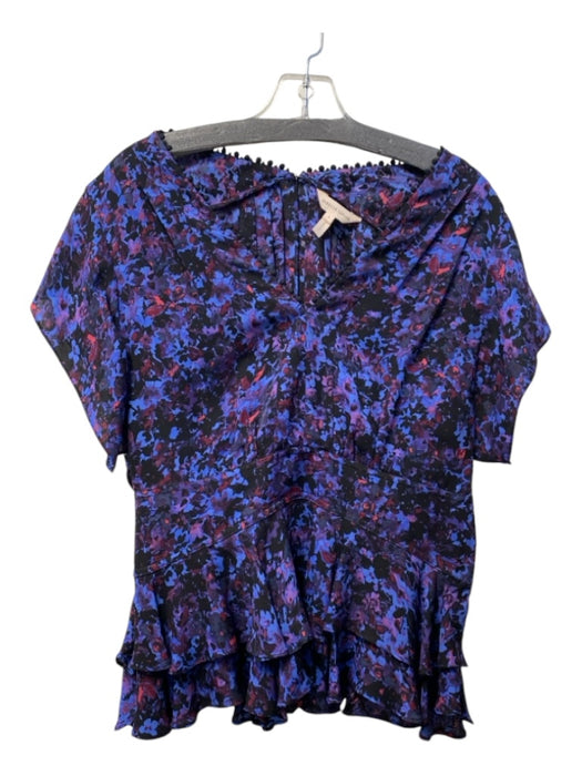 Rebecca Taylor Size 4 Blue, Purple & Black Silk V Neck Short Sleeve Top Blue, Purple & Black / 4