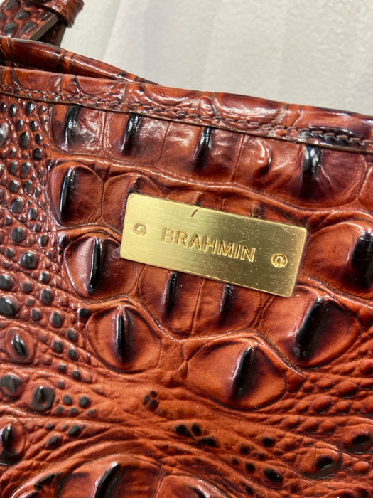 Brahmin Brown Leather Croc Embossed Top Handles GHW Zip Close Bag