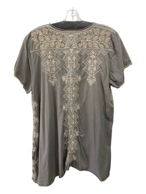 Johnny Was Size XL Gray & Cream Cotton Embroidered hi lo Cap Sleeve Top Gray & Cream / XL