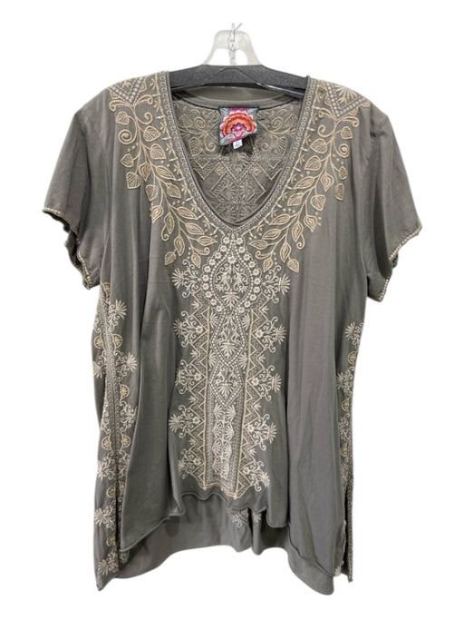 Johnny Was Size XL Gray & Cream Cotton Embroidered hi lo Cap Sleeve Top Gray & Cream / XL