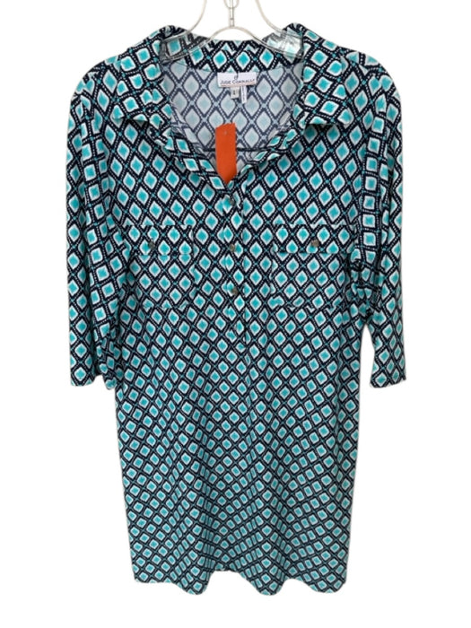 Jude Connally Size L Navy & Aqua Polyester Silver Hardware Collar Midi Dress Navy & Aqua / L