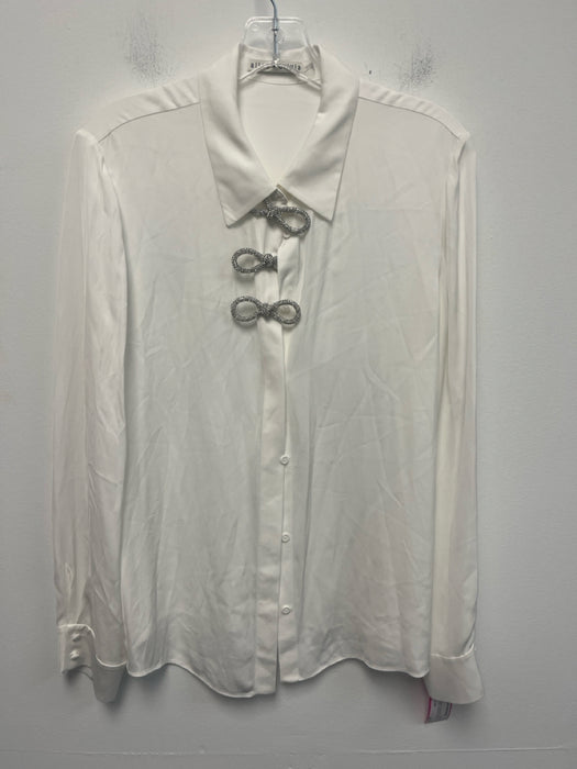 Alice + Olivia Size L White Viscose Bedazzled Bow Detail Button Front Top