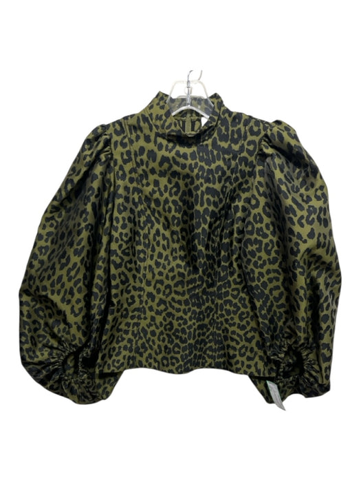Ganni Size 34 Green & Black Polyester Blend Long puff sleeve Animal Print Top Green & Black / 34