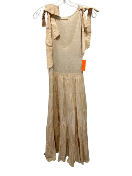 Ulla Johnson Size P Beige Cotton Ribbed Fabric Block Tie Sleeve Tiered Dress Beige / P