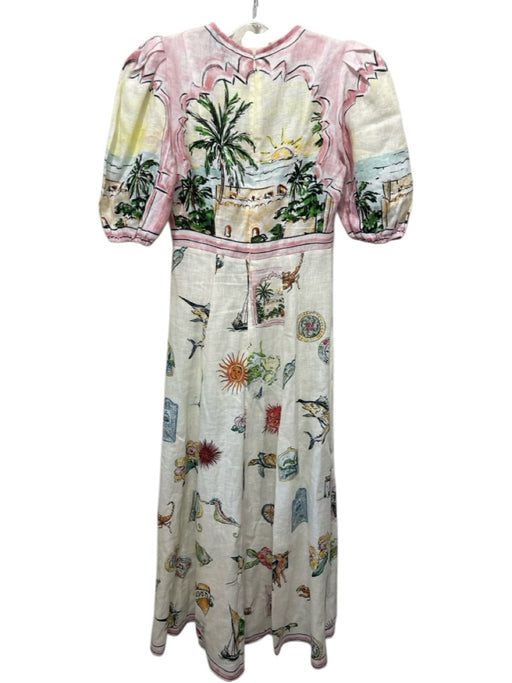 Alemais Size 0 White, Green, Pink Linen Back Zip Scenery Palm Tree Dress White, Green, Pink / 0