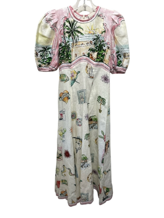 Alemais Size 0 White, Green, Pink Linen Back Zip Scenery Palm Tree Dress White, Green, Pink / 0