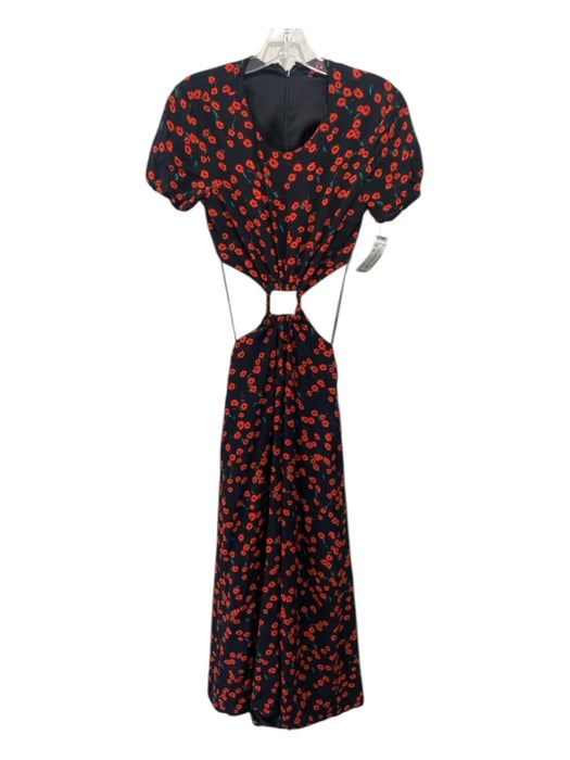 Staud Size XS Black, Red, Green Rayon Blend High Round Neck Floral Midi Dress Black, Red, Green / XS