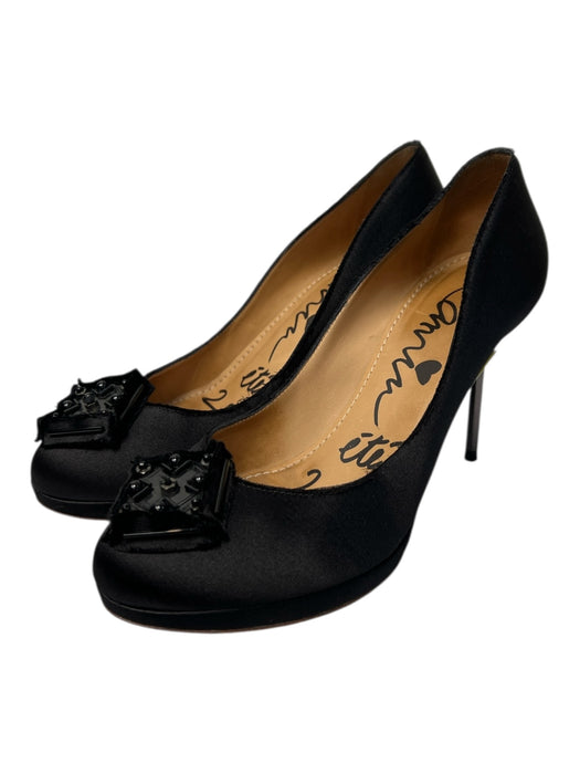 Lanvin Shoe Size EST 8 Black Satin Almond Toe Heel Square Design Stiletto Shoes Black / EST 8
