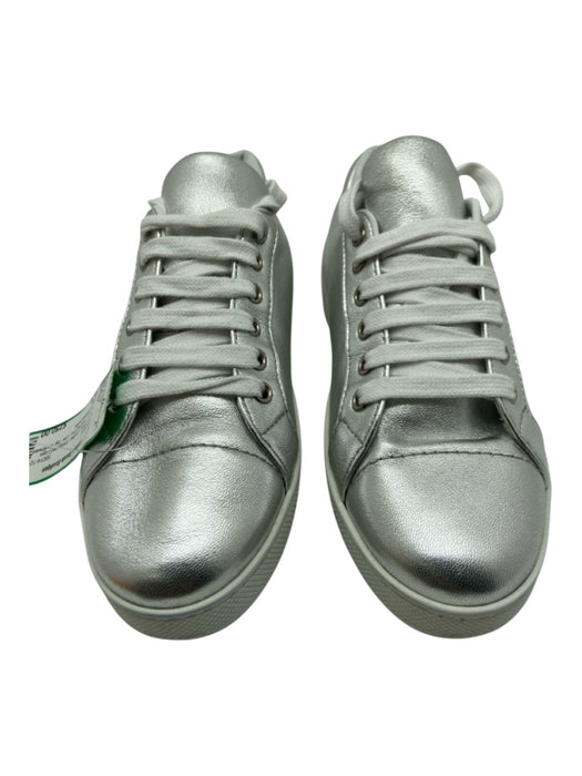 Prada Shoe Size 36.5 Silver Leather Embossed Logo lace up Low Top Sneakers Silver / 36.5