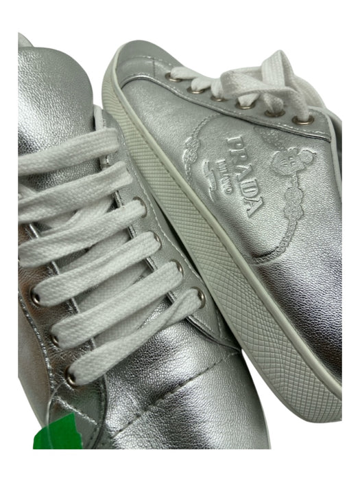 Prada Shoe Size 36.5 Silver Leather Embossed Logo lace up Low Top Sneakers Silver / 36.5