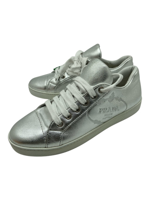 Prada Shoe Size 36.5 Silver Leather Embossed Logo lace up Low Top Sneakers Silver / 36.5