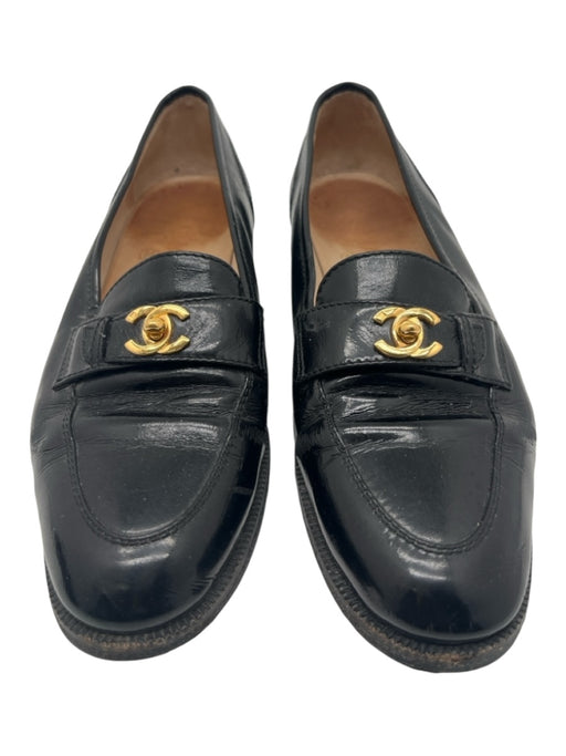 Chanel Shoe Size 7.5 Black & Gold Polished Leather Turnlock Penny Loafer Loafers Black & Gold / 7.5