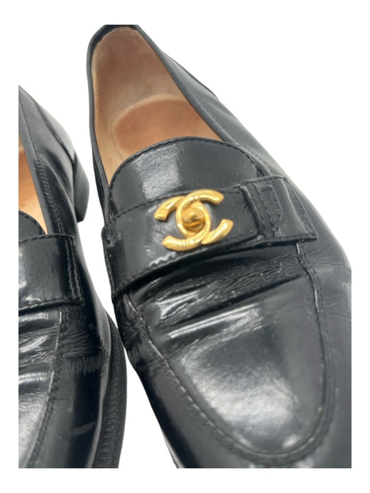 Chanel Shoe Size 7.5 Black & Gold Polished Leather Turnlock Penny Loafer Loafers Black & Gold / 7.5