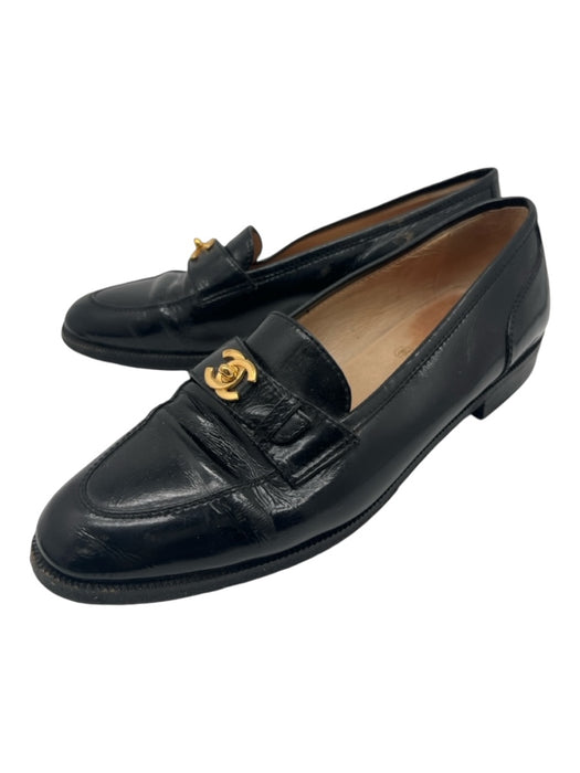 Chanel Shoe Size 7.5 Black & Gold Polished Leather Turnlock Penny Loafer Loafers Black & Gold / 7.5