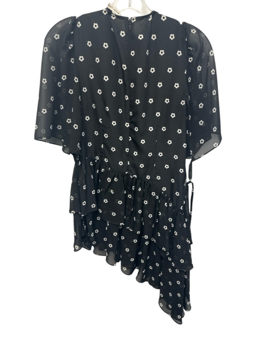 Sandy Liang Size 2 Black & White Polyester Tie Detail Flowers Flutter Sleeve Top Black & White / 2