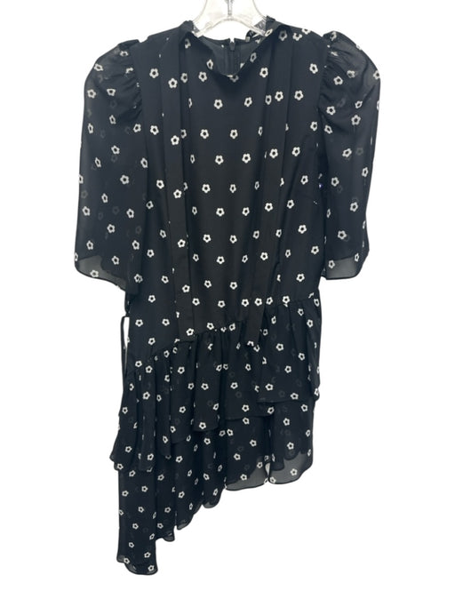 Sandy Liang Size 2 Black & White Polyester Tie Detail Flowers Flutter Sleeve Top Black & White / 2