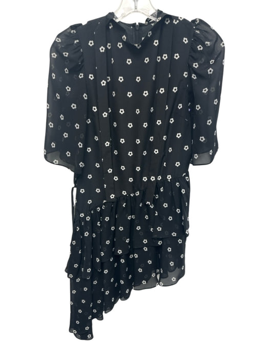 Sandy Liang Size 2 Black & White Polyester Tie Detail Flowers Flutter Sleeve Top Black & White / 2