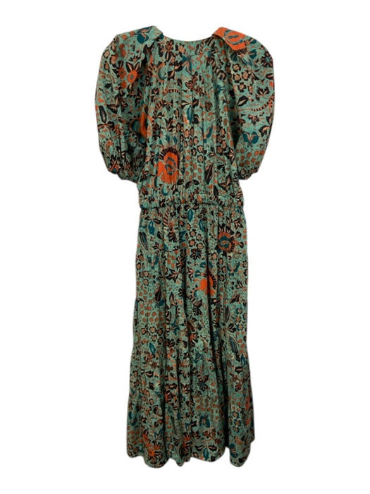 Ulla Johnson Size 4 Green & Multi Cotton Split V Neck Drawstring Waist Dress Green & Multi / 4