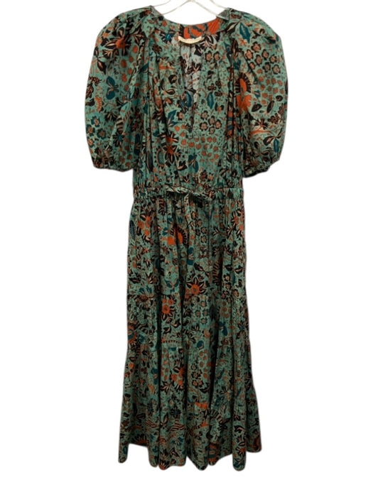 Ulla Johnson Size 4 Green & Multi Cotton Split V Neck Drawstring Waist Dress Green & Multi / 4