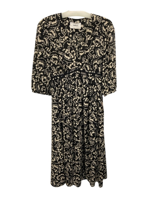 Ba&sh Size 0 Black & Cream Polyester V Neck Pleated All Over Print Midi Dress Black & Cream / 0
