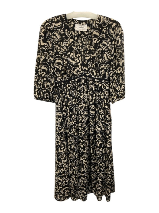 Ba&sh Size 0 Black & Cream Polyester V Neck Pleated All Over Print Midi Dress Black & Cream / 0