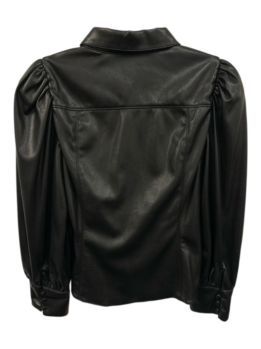 Alice + Olivia Size M Black Faux Leather Long Sleeve Button Up Puff Sleeve Top Black / M