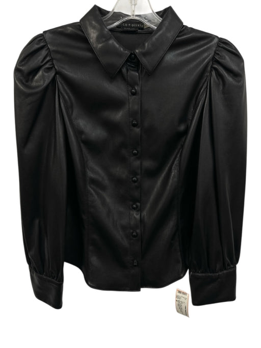 Alice + Olivia Size M Black Faux Leather Long Sleeve Button Up Puff Sleeve Top Black / M