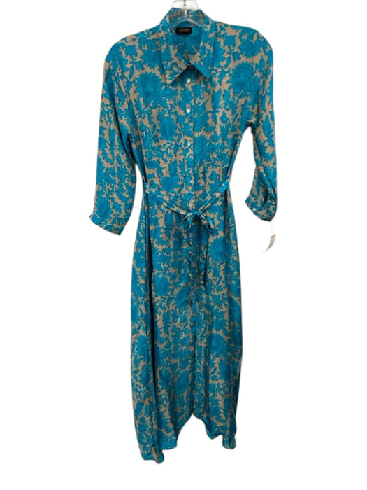 Pinotti Size XS Teal & Blush Silk Botanical Print Button Up Dress Teal & Blush / XS