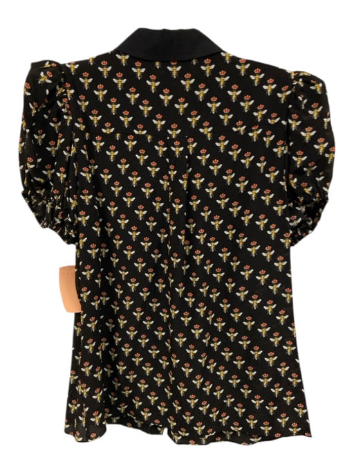 Alice + Olivia Size S Black Silk Button Up Puff Shoulders All Over Print Top Black / S