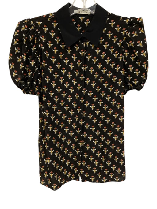 Alice + Olivia Size S Black Silk Button Up Puff Shoulders All Over Print Top Black / S